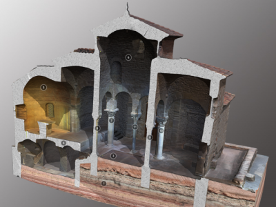 Secció longitudinal de l’església de Sant Miquel i de la cripta inferior.