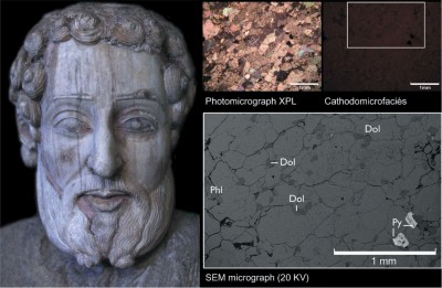 Cap de l’apòstol Sant Andreu en marbre: vista general després de la restauració (esquerra) i microfotografies de l’observació per microscòpia (imatge: Marie-Claire Savin, IRAMAT-CRP2A)