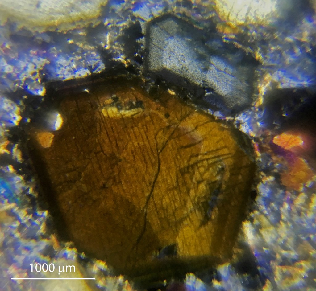 Imatge òptica obtinguda amb el nou dispositiu en modalitat nicols encreuats. S’aprecien una secció basal d’un piroxè zonat i una plagiòclasi també zonada. Imatge: Roberta Di Febo.