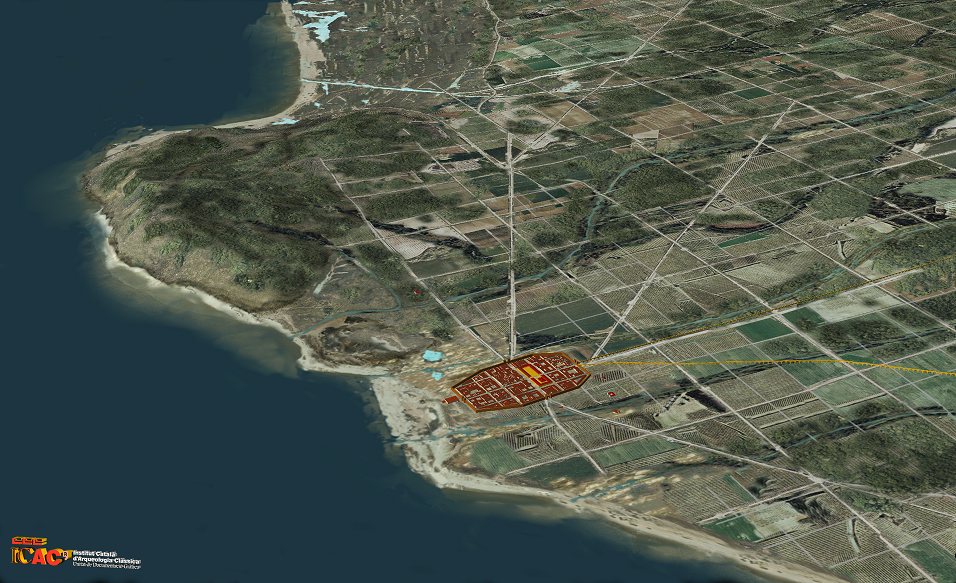 Reconstrucció fotogràfica de Montjuïc i el seu entorn als segles I-II dC. En groc veiem les traces documentades per l’estudi arqueomorfològic. Imatge: ICAC.