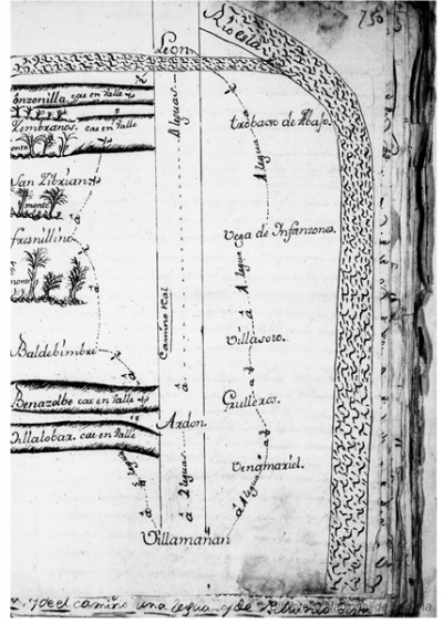 Croquis que muestra el camino real de Villamañán a León y dos paralelos que conectan varias localidades existentes desde época medieval. Obtenido del Diccionario Geográfico de Tomás López (segunda mitad del siglo XVIII).