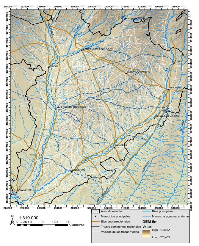 Mapa sobre el modelo digital de elevaciones mostrando ejes viarios suprarregionales que cruzan el interfluvio Esla-Cea. Autor: Martínez Fernández, 2021.
